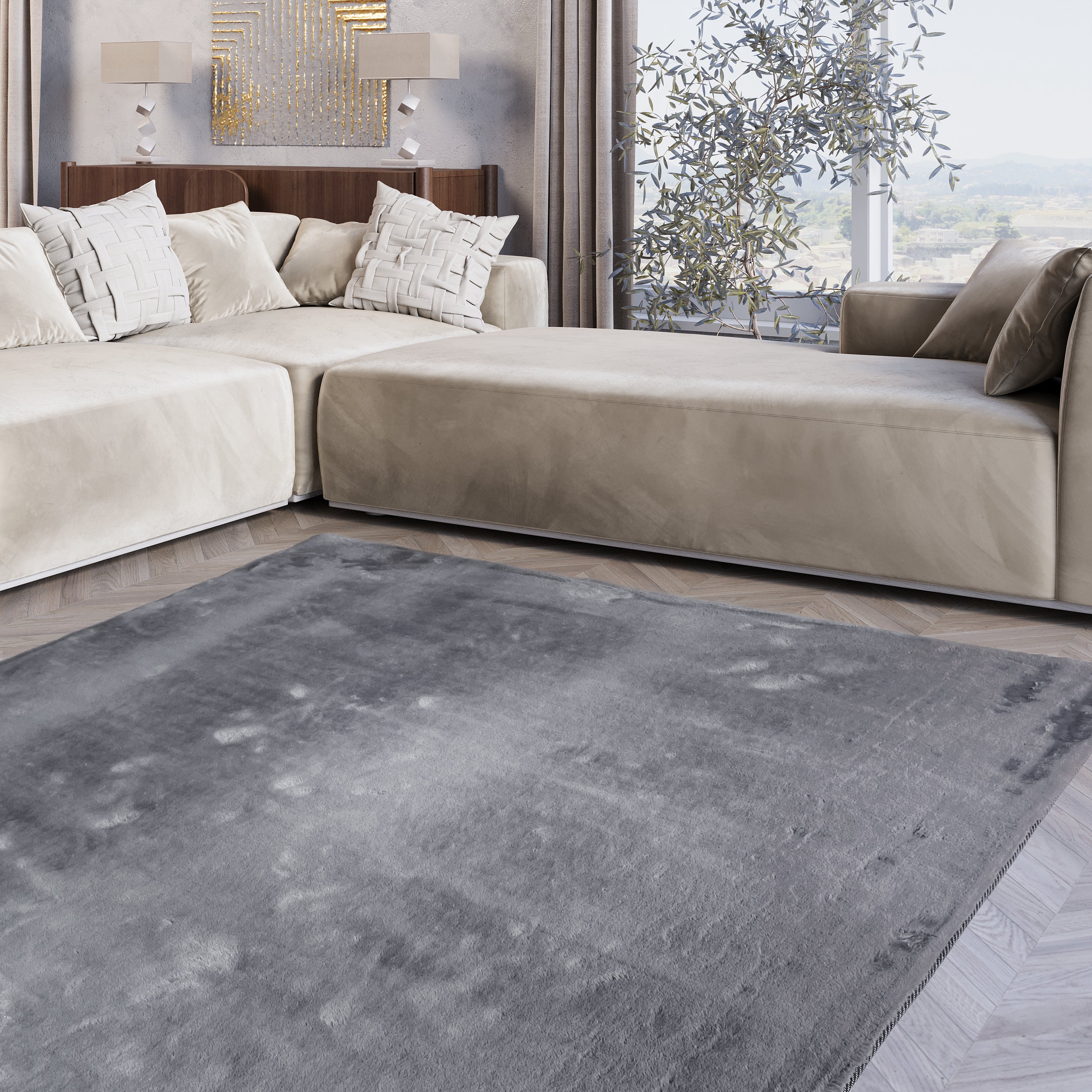 Rabbit Smoke Gray Faux Fur Area Rug - Plush and luxurious smoke gray faux fur rectangular rug from the Rabbit collection by LA Rug Linens. Available in various sizes. Made of polyester. Perfect for adding warmth and elegance to any room in your home.