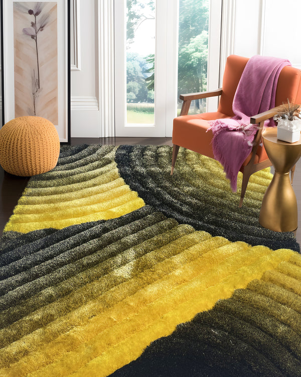 Swirl Black And Yellow Shag Area Rug