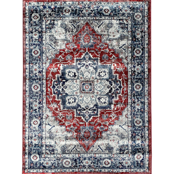 Iranian Red Navy Blue Vintage Mosaic Area Rug