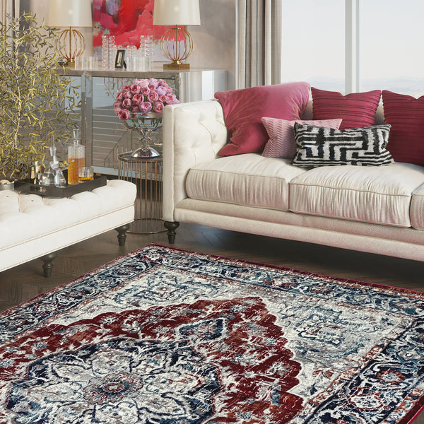 Iranian Red Navy Blue Oriental Medallion Area Rug