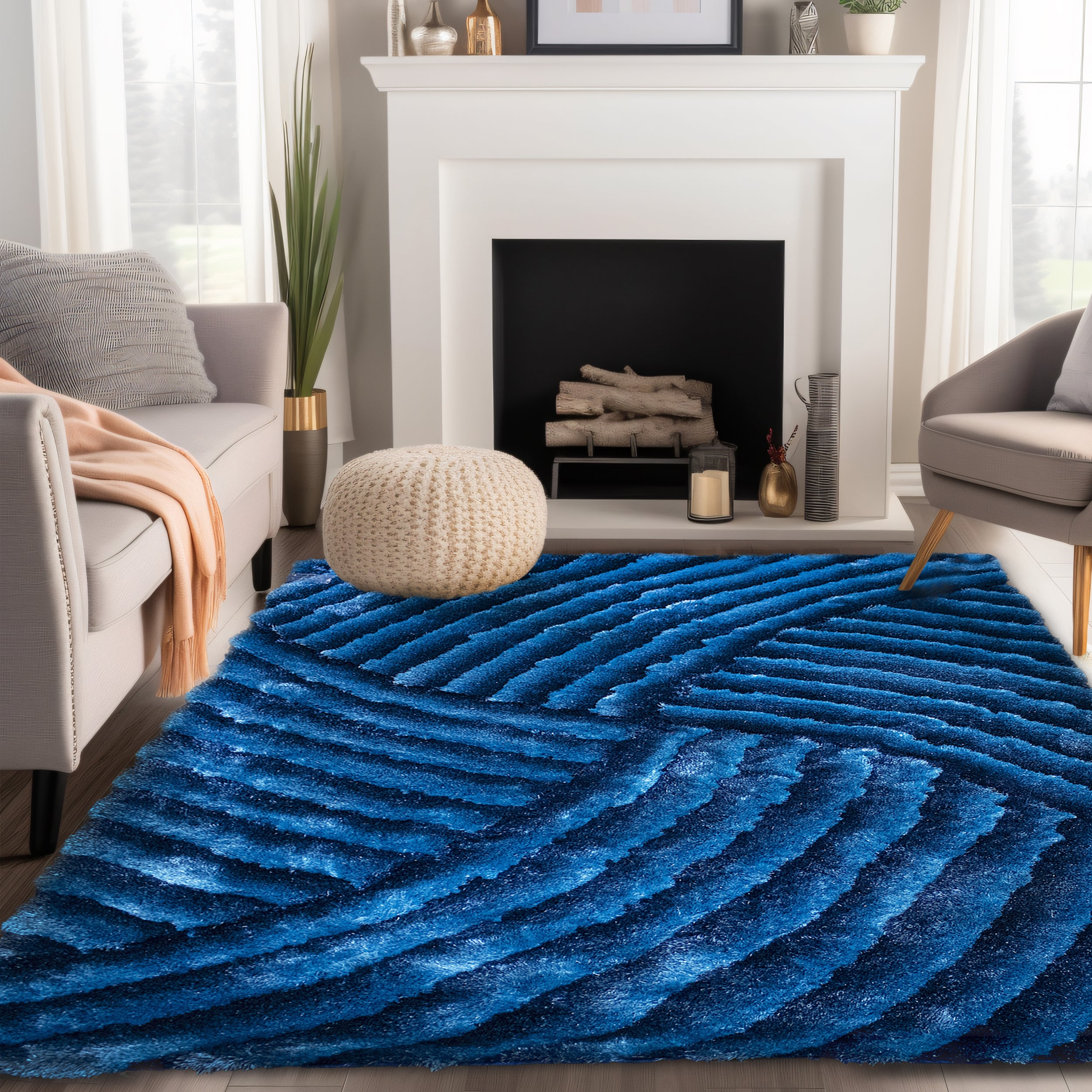 Abstract Light Blue And Dark Blue Shag Area Rug