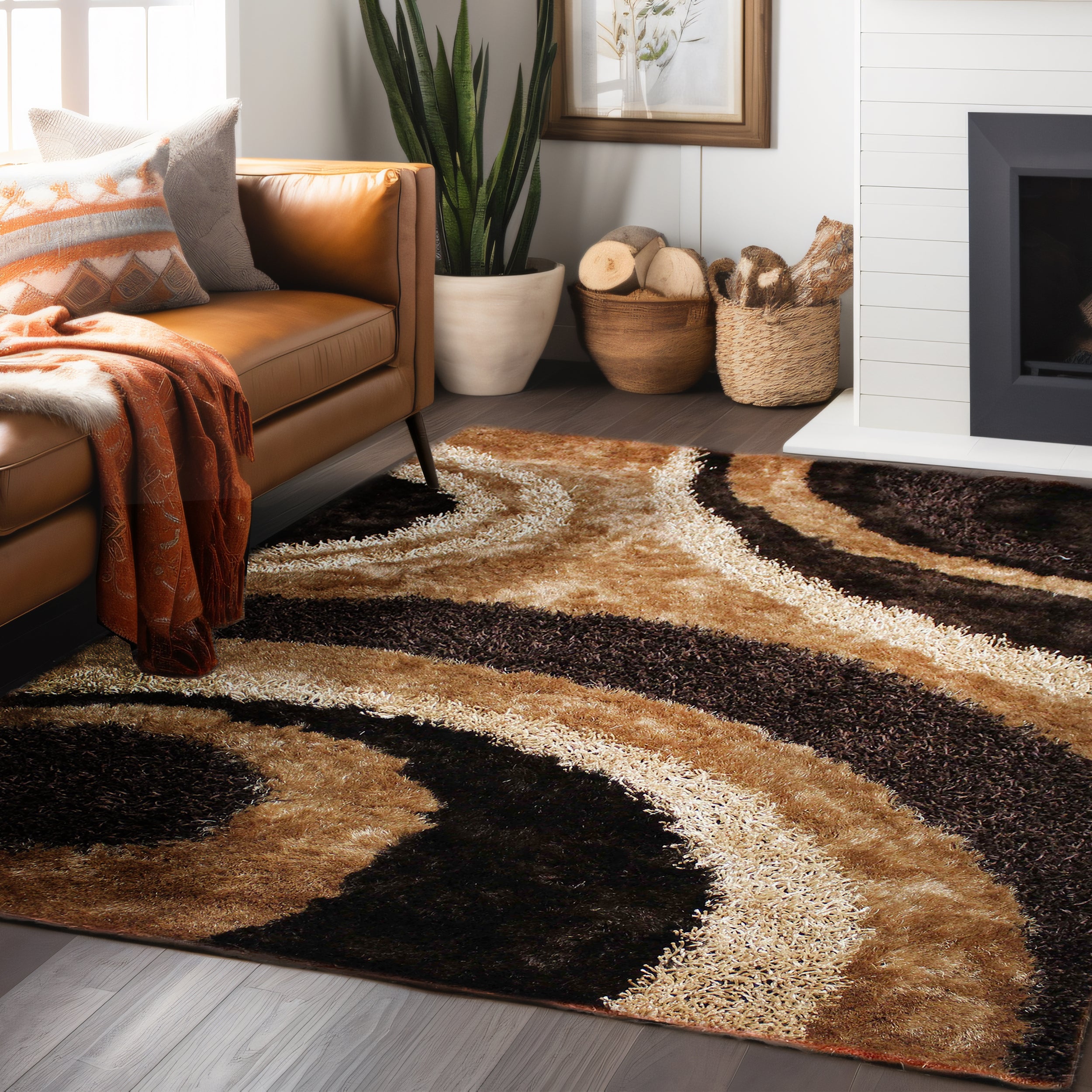 Abstract Circles Brown Shag Area Rug