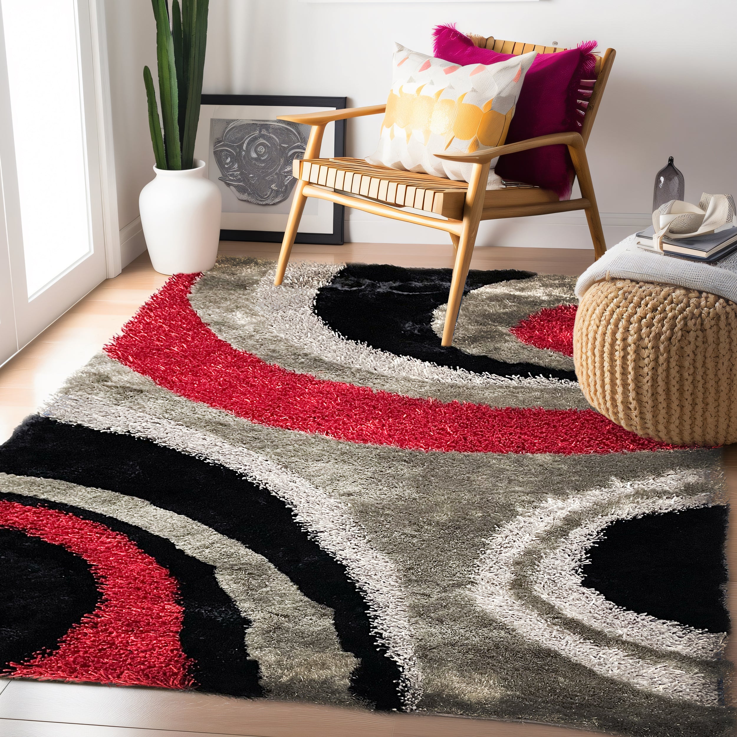 Abstract Circles Red Shag Area Rug