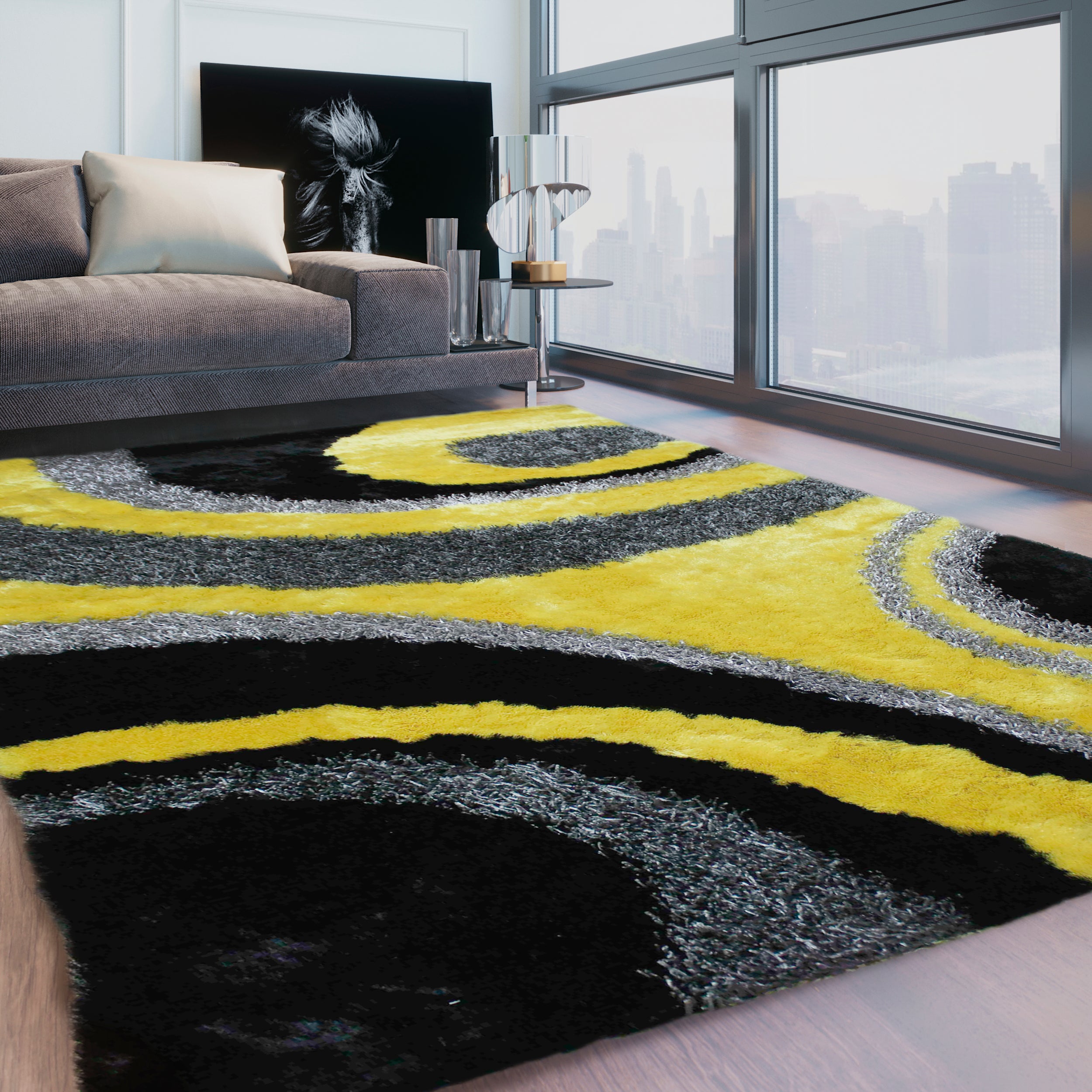 Abstract Circles Yellow Shag Area Rug