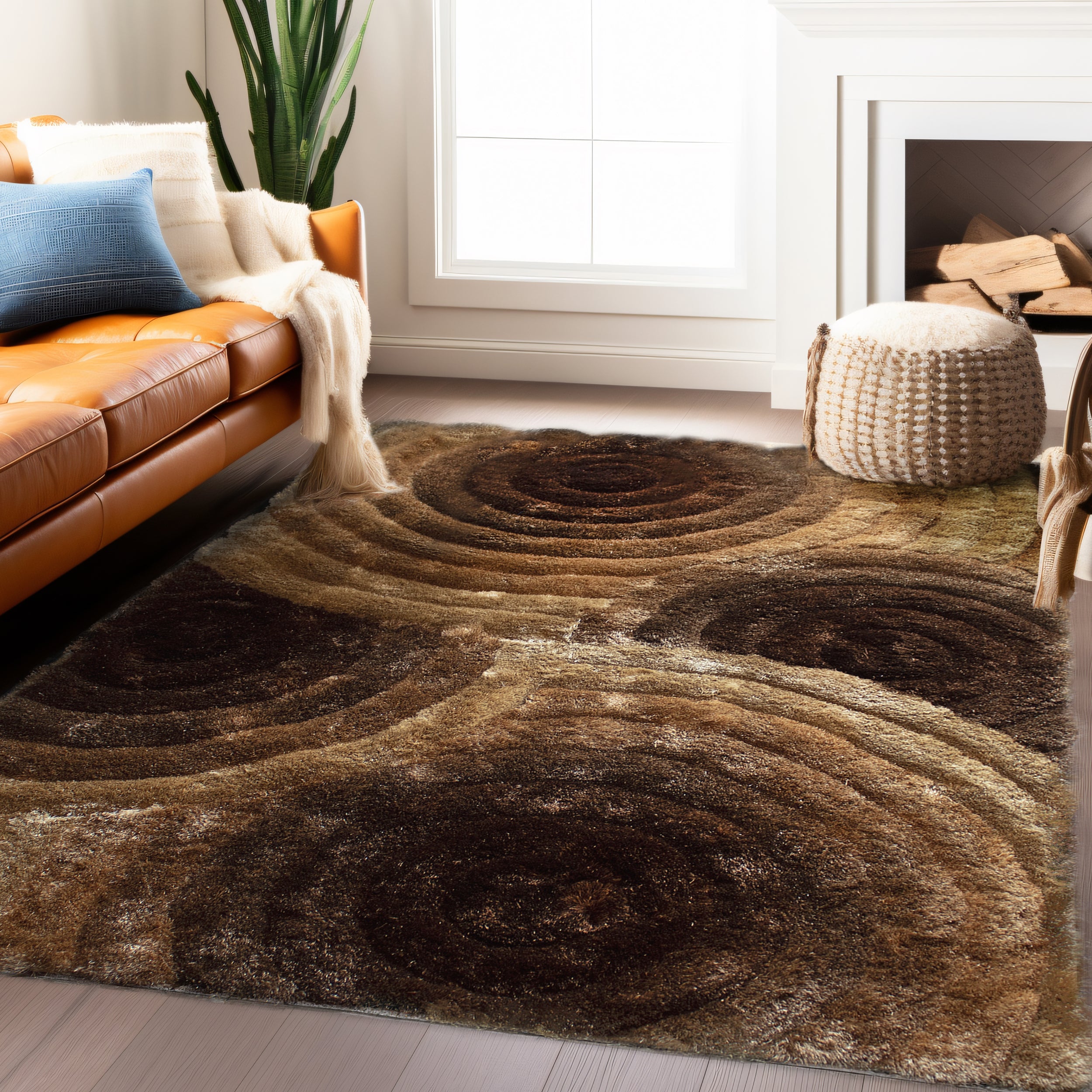 3D Circles Brown Shag Area Rug