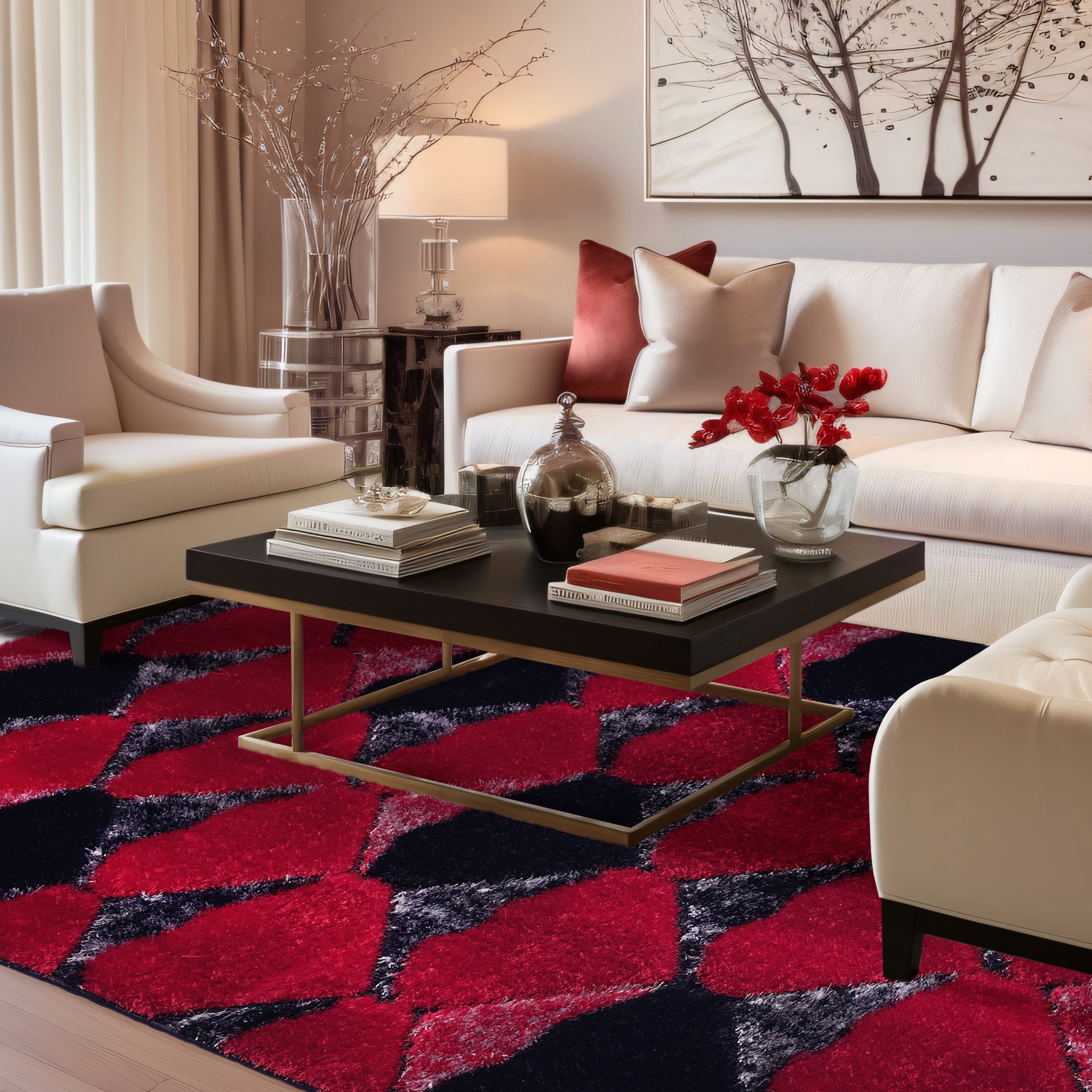 Platinum Black Red Geometric Area Rug