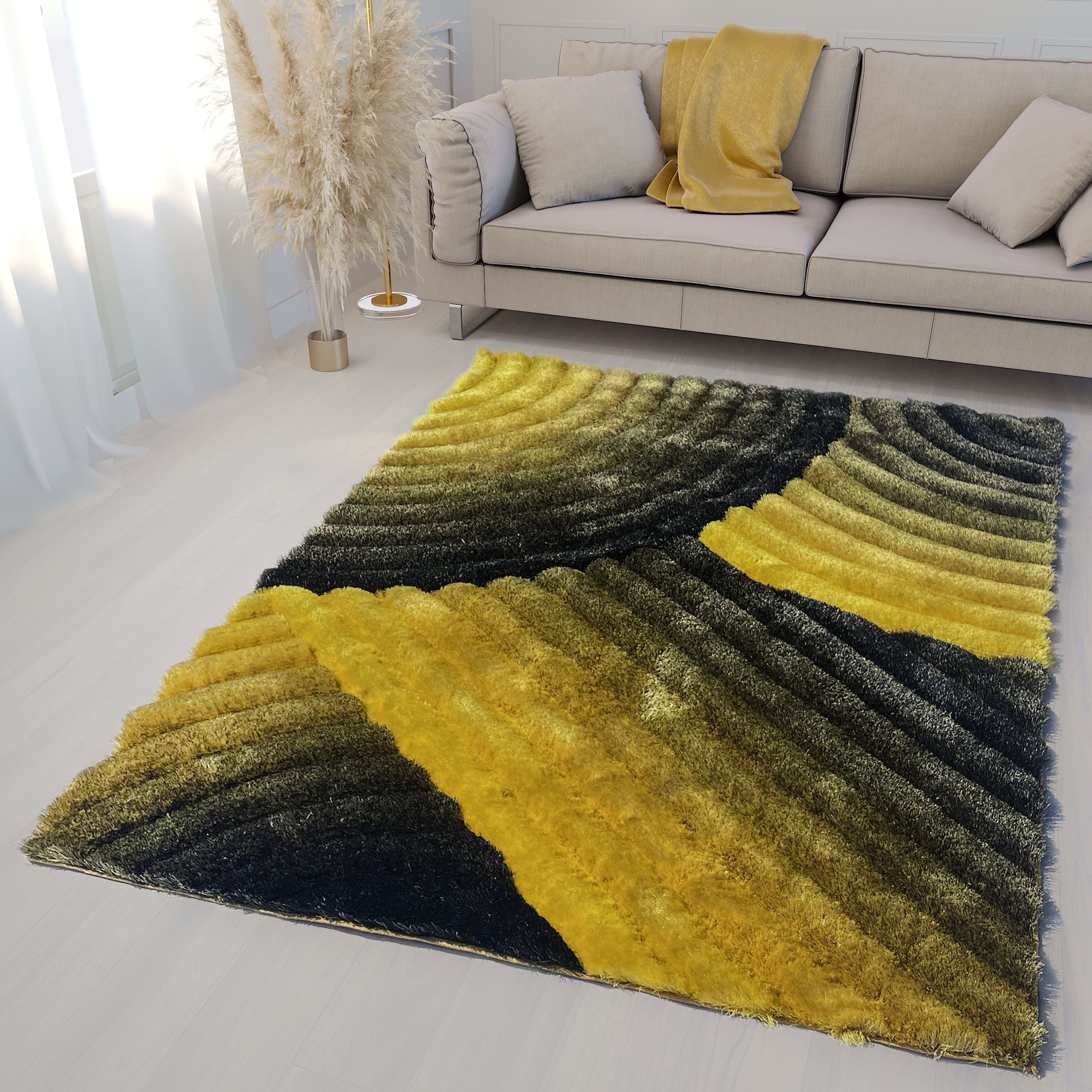 Swirl Black And Yellow Shag Area Rug