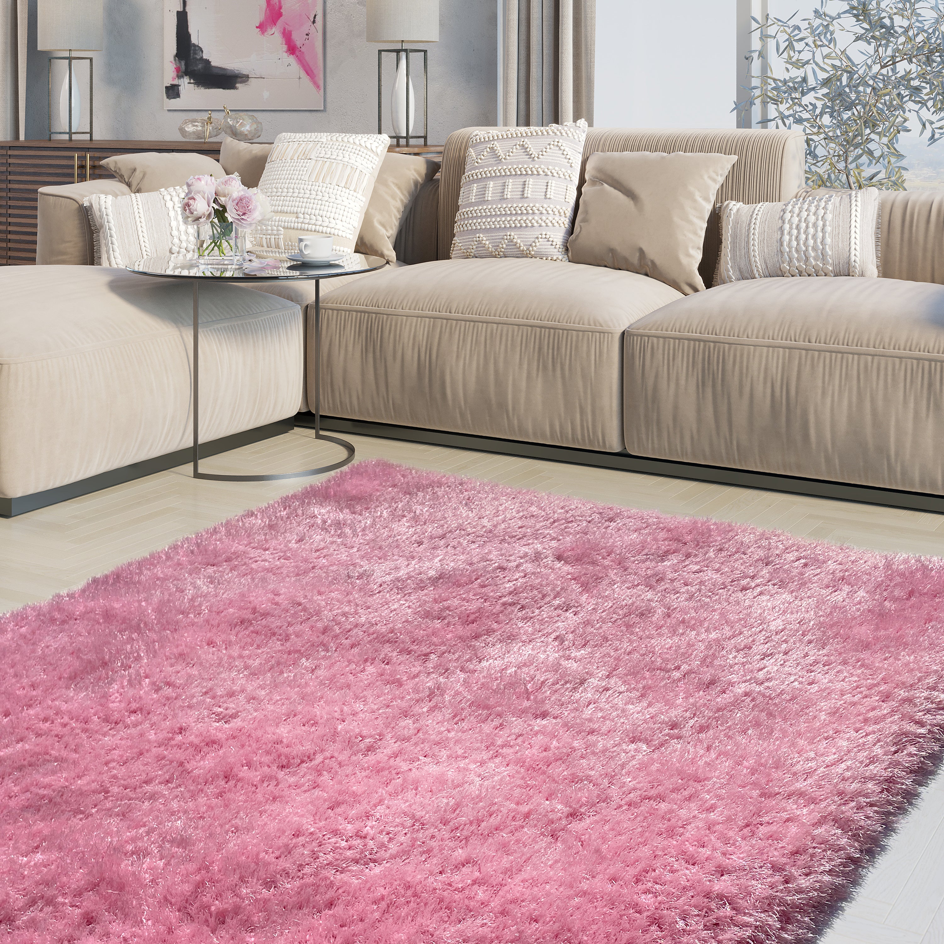 Romance Pink Solid Shag Area Rug