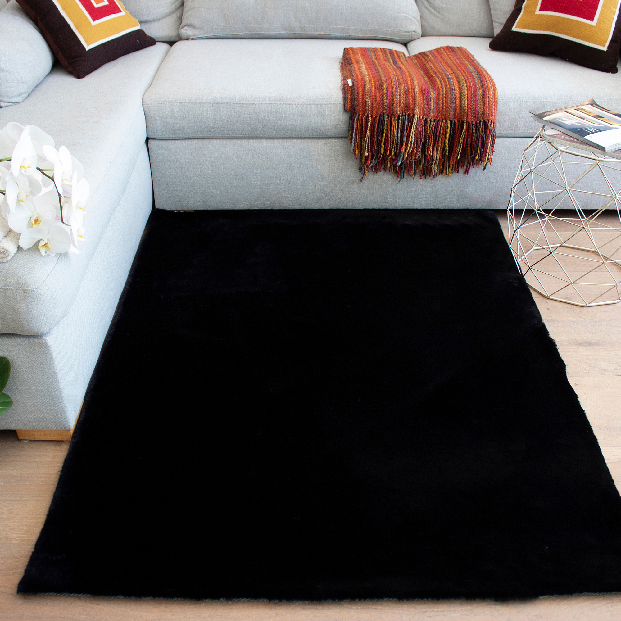 Rabbit Faux Fur Black Area Rug