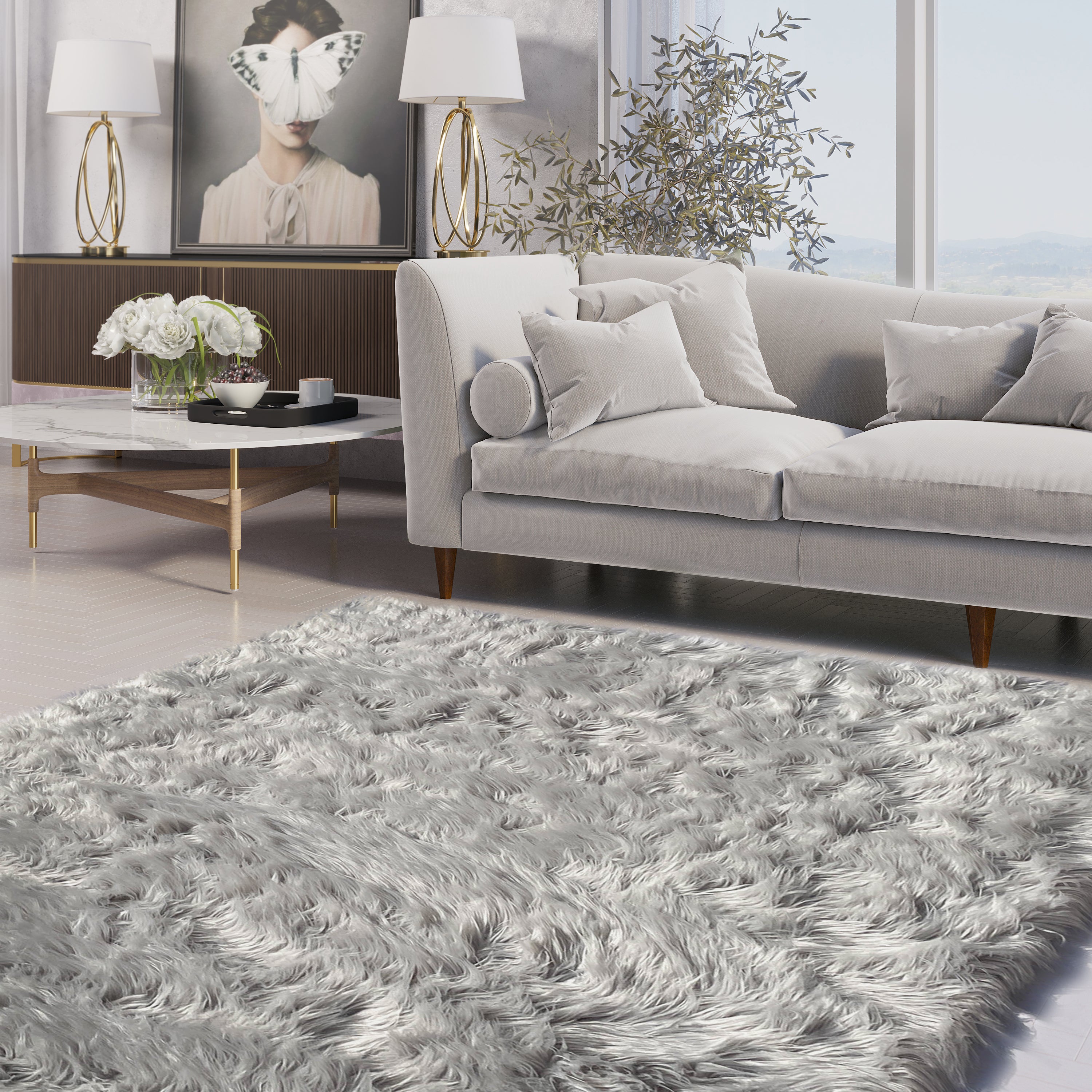 Sheepskin Light Gray Faux Fur Shag Area Rug