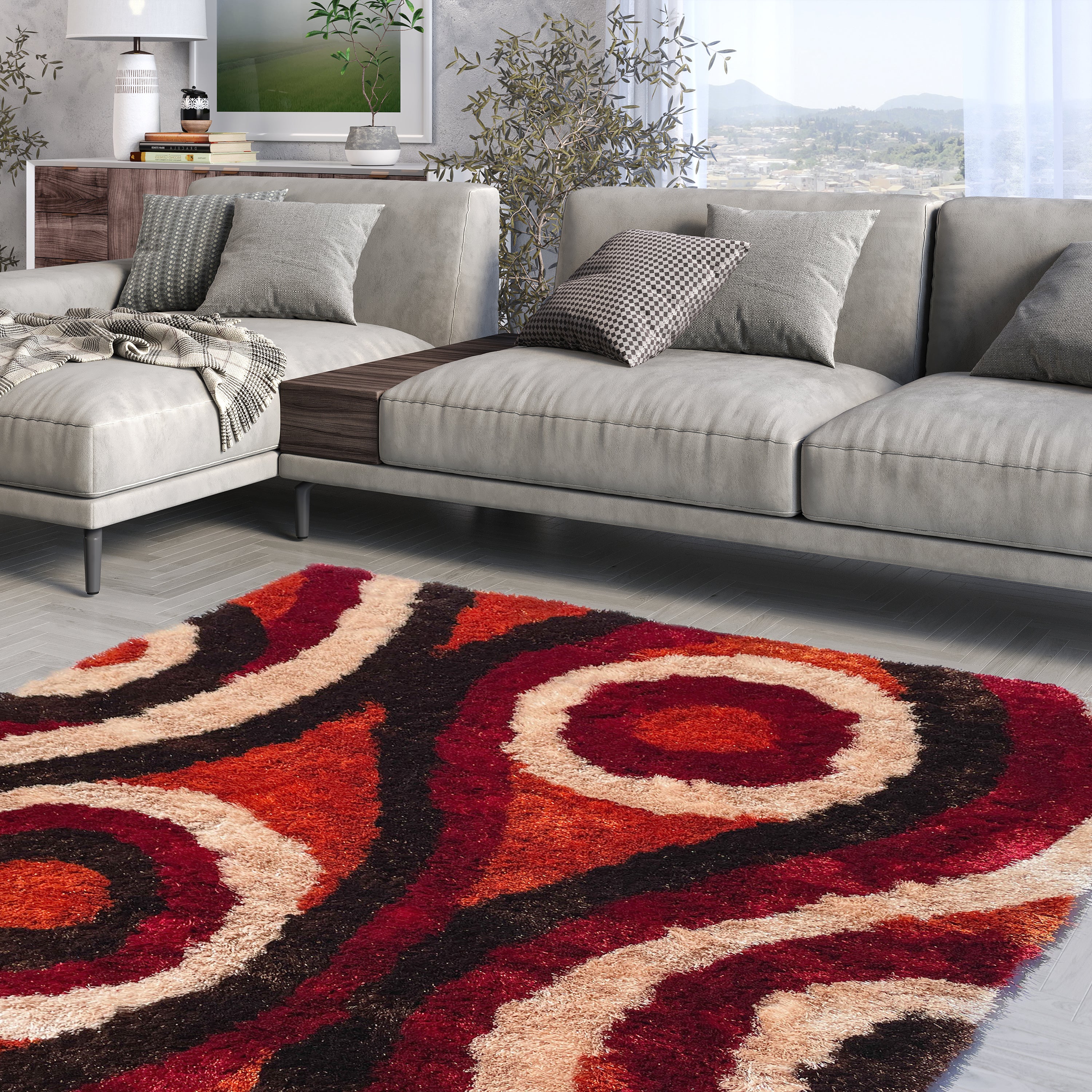 LA Rug Linens Orange Burgundy Area Rug - Modern Contemporary Abstract Shag Carpet