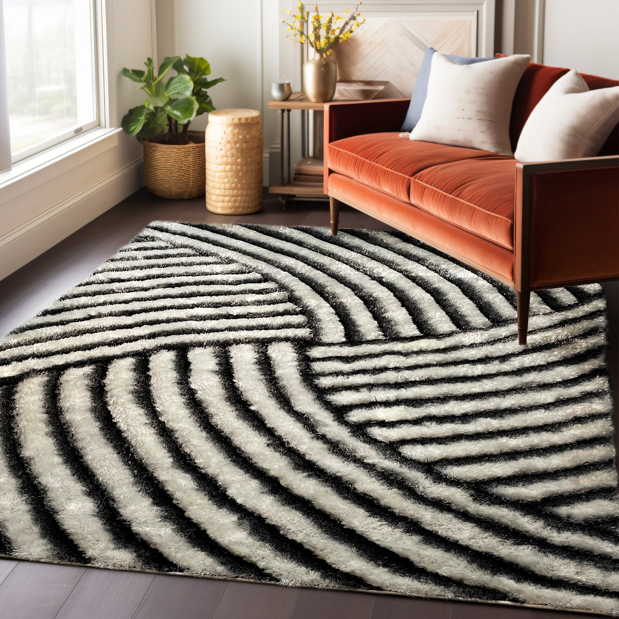 Sunrise Black And White Shag Area Rug