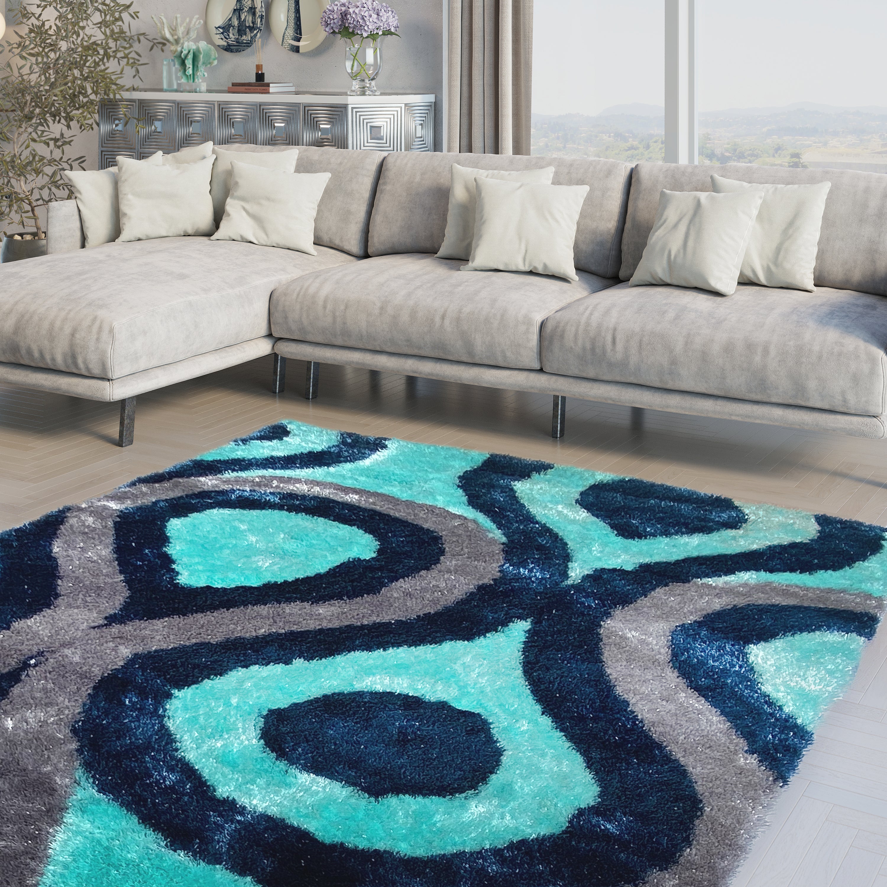 Optima Bel Air Abstract Aqua Blue Shag Area Rug