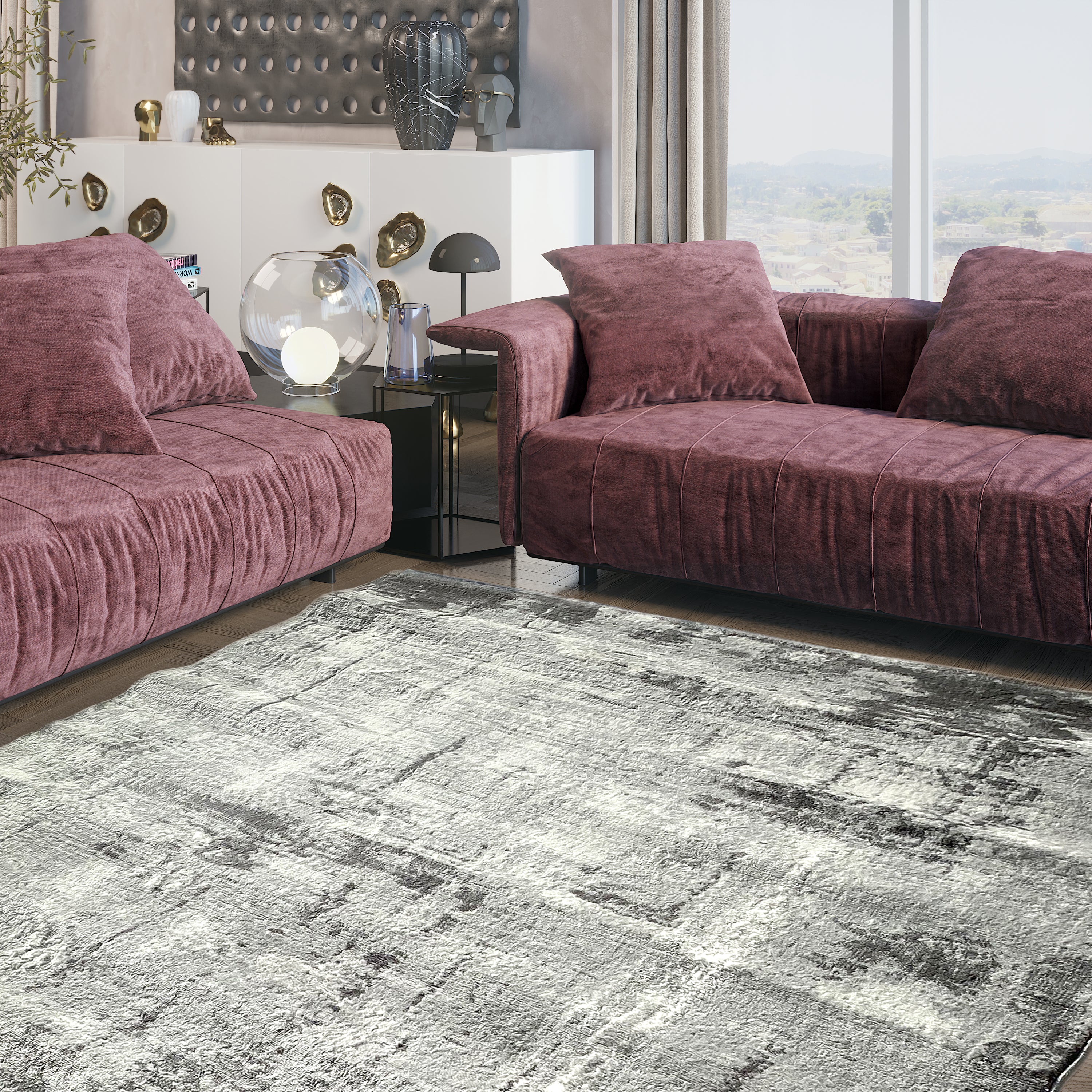 Iranian Gray Distressed Abstract Area Rug