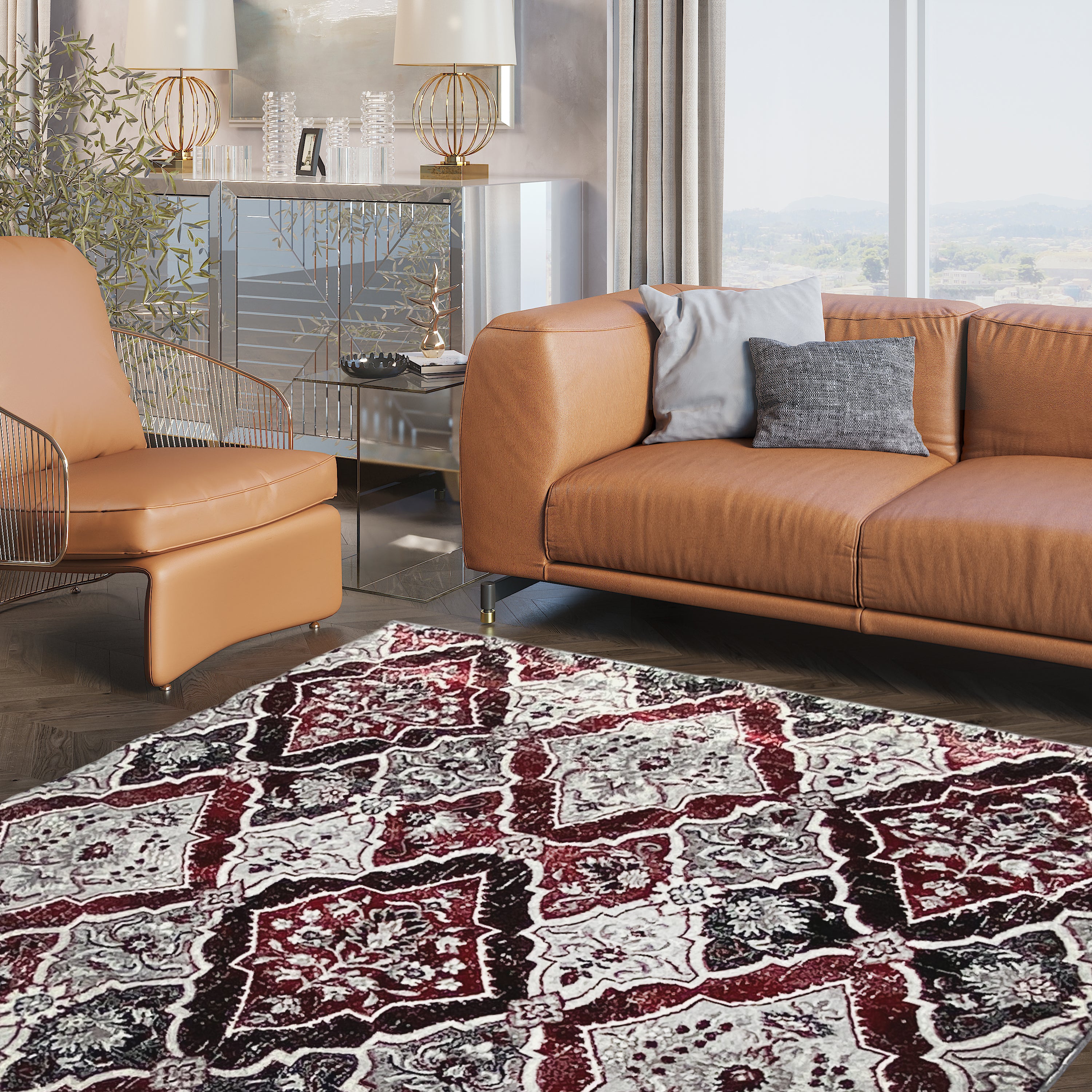 Persian Gray Red Floral Diamond Area Rug