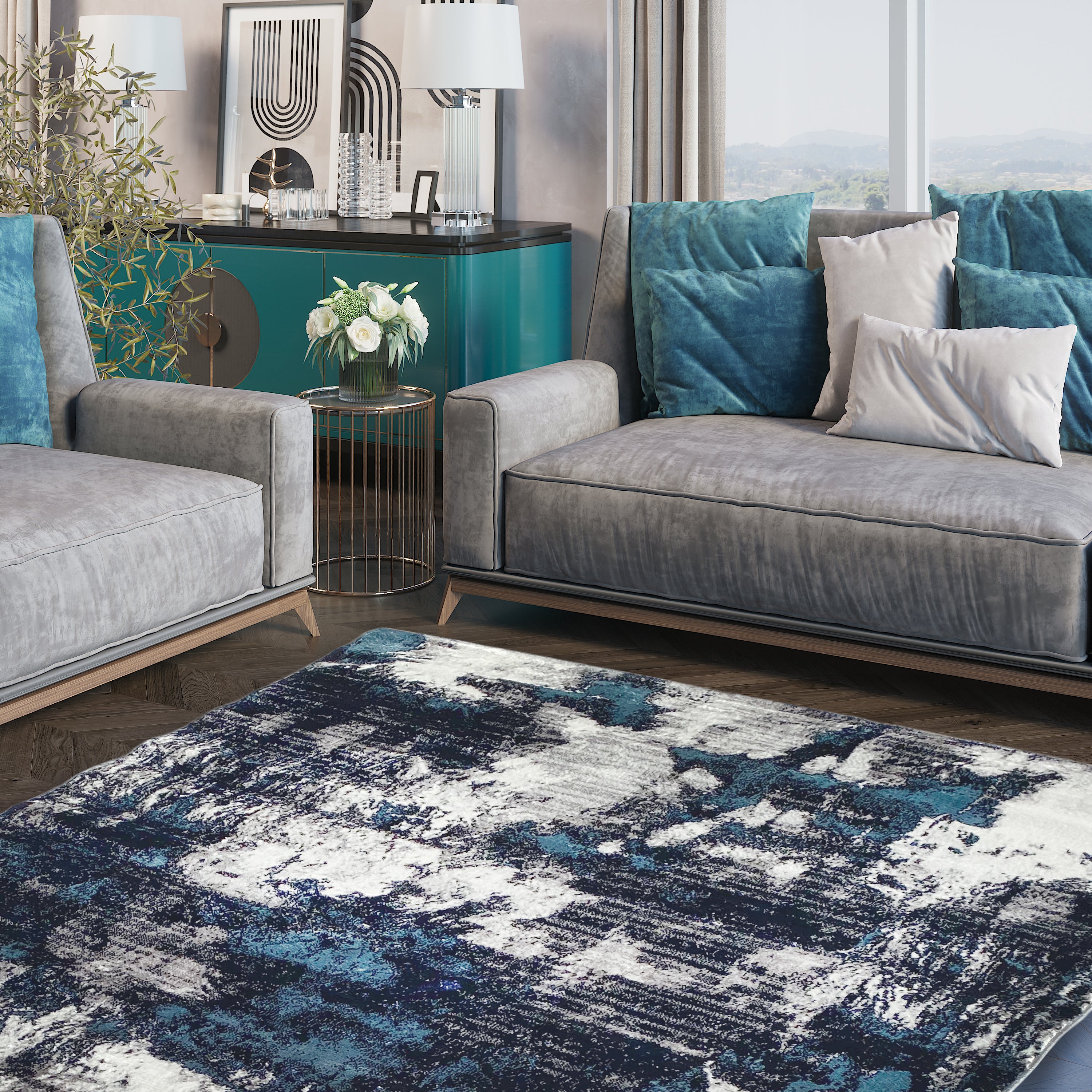 Persian Navy Blue Mottled Splatter Area Rug