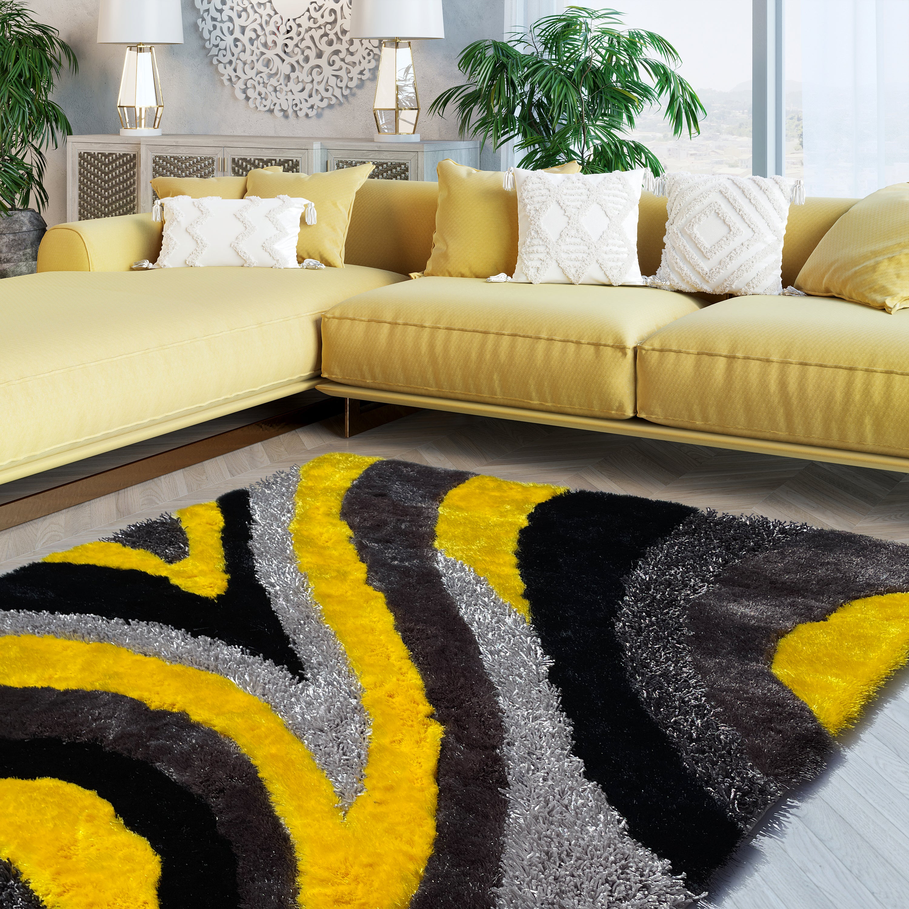 Signature Designers Black And Yellow Shag Area Rug