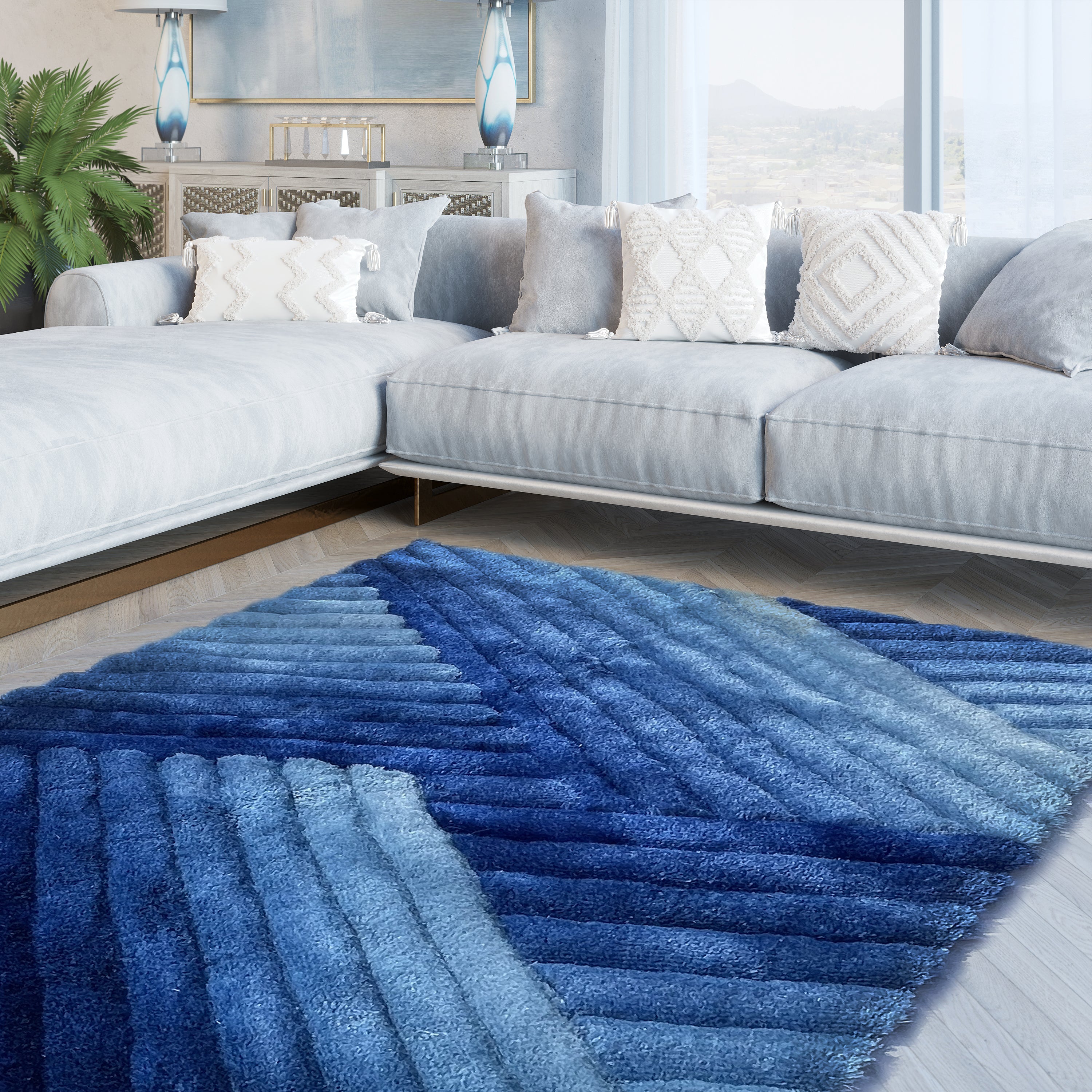 Artistic Lines Light Blue And Dark Blue Shag Area Rug